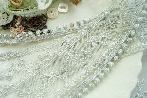 銀糸　ケミカルレース　チュールレース　最大幅10-35mm　単位1m　シルバー