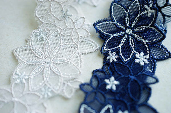 銀糸　様々な　花柄刺繍　チュールレース　最大幅35mm　単位1m　全二色