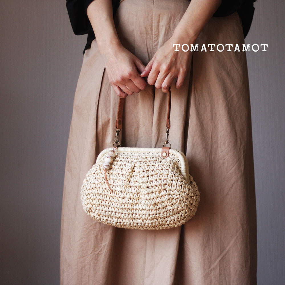 【レビューキャンペーン】夏のがま口バッグ かごバッグ 本革ハンド 天然素材 大人可愛い かるいかばん ハンドバッグ カゴ 高見え 着物 B-371