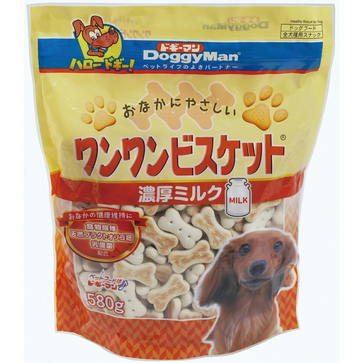 　ドギーマン ワンワンビスケット 濃厚ミルク 犬用 580g×6袋入善玉菌の代表である乳酸菌と、その栄養となって増殖を助けるオリゴ糖、水分を吸収してふくらみ、便を押し出す食物繊維を配合しお腹の健康維持をサポート。甘くやさしいミルクの香りが濃厚な生地をサクサク軽い食感に焼き上げ、おやつやご褒美にうれしい飽きがこないおいしさです。便臭を吸着するユッカエキス、歯や骨の形成成分カルシウムを配合。原材料/材質小麦粉、砂糖、植物油脂、タピオカでん粉、乳類（ミルクパウダー、無糖練乳）、チコリ抽出物（食物繊維、オリゴ糖含有）、乳酸菌、ミネラル類（カルシウム、ナトリウム）、膨張剤、香料、乳化剤、ユッカエキス、酸化防止剤（ビタミンE）主成分粗蛋白質7.5%以上粗脂肪5.5%以上粗繊維1.5%以下粗灰分3.5%以下水分10%以下カロリー410kcal/100g原産国タイ