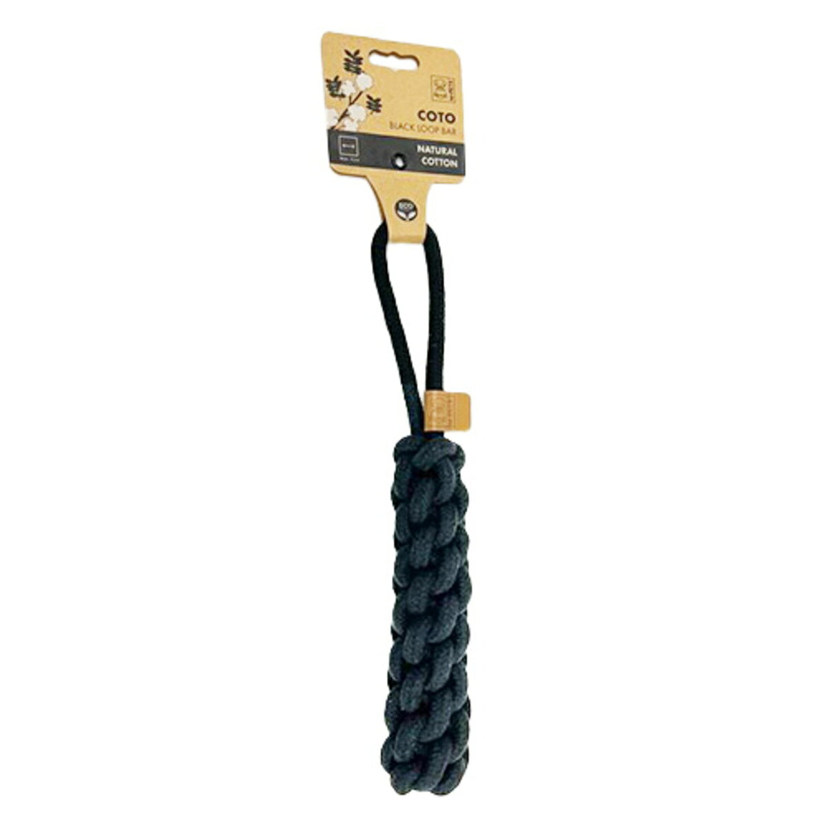 　M-PETS COTO ループバー 34cm 黒噛むことでストレス緩和・運動不足解消に役立ちます。噛むことで歯磨き効果も期待出来るロープトイ。環境に優しい天然コットン素材ループ付きコットンロープトイでくわえやすく、噛んだり振り回したりして楽しく遊ぶことができます。原材料/材質綿・合皮サイズ約5cm(直径)　×　約34cm(長さ)カラーブラック　/　グレー注意事項・愛犬が誤って飲み込まないようにご注意ください。・モニターの発色具合により実際の色と異なる場合がございます。原産国中国