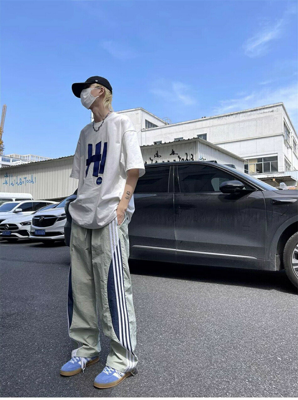 夏の薄手ズボンメンズ 男性用 男女兼用ズボン パンツ シンプル カジュアル ストリート ストレート ゆったり 大きいサイズ 夏 ワイド ズボンブラック／ライトグリーン