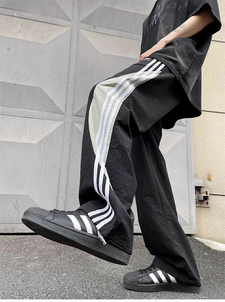 夏の薄手ズボンメンズ 男性用 男女兼用ズボン パンツ シンプル カジュアル ストリート ストレート ゆったり 大きいサイズ 夏 ワイド ズボンブラック／ライトグリーン