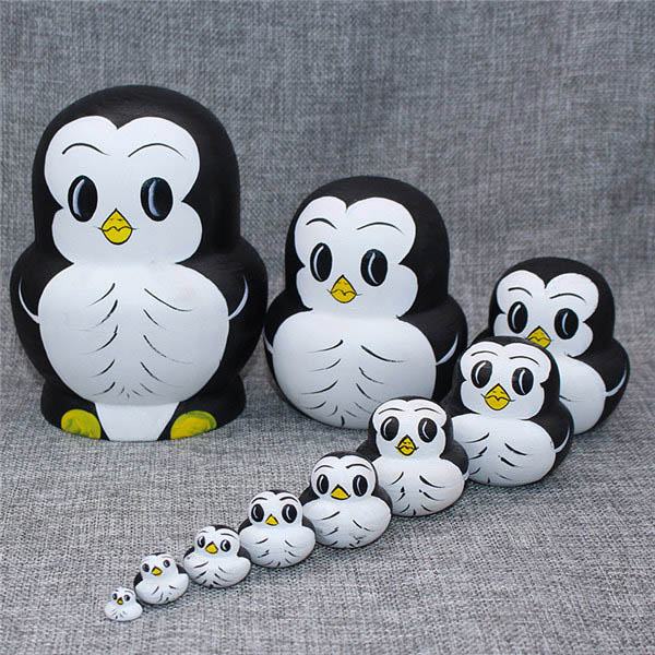 ギフト 洋風 インテリア 10個組14cm オブジェ 手描き 手作り人形 ペンギン 土産物 民芸品 クリスマス マトリョーシカ 人形