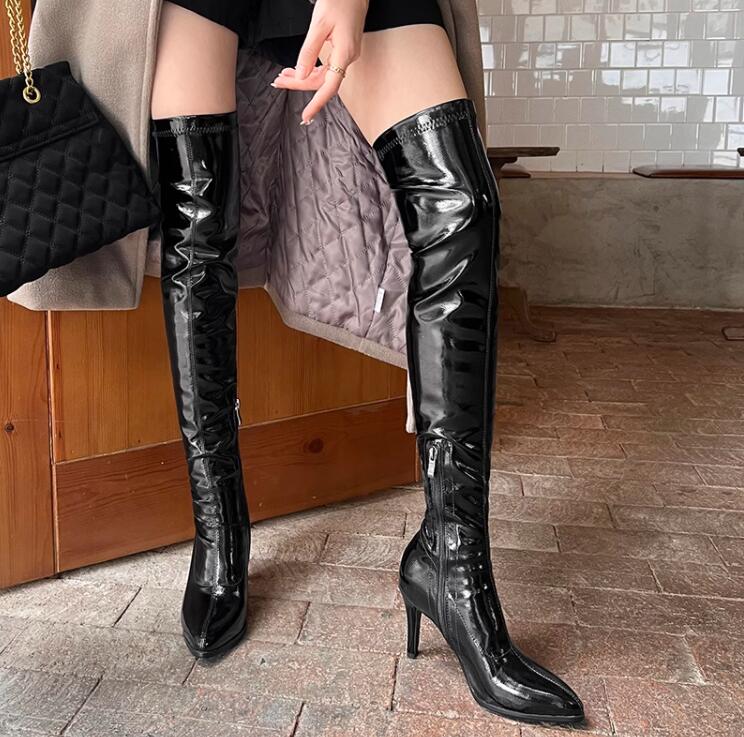 レディースブーツ ニーハイブーツ エナメル 12センチ 超ハイヒール 光沢 ロング丈 秋冬 春秋 サイハイブーツ 大きいサイズ 小さいサイズ ピンヒール ...