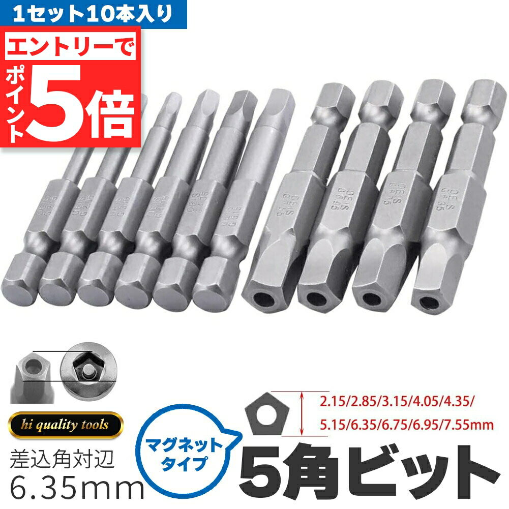 【エントリーでP5倍 お買い物マラソン】10ピース 6.35mm 五角軸 ドライバービット 10サイズセット 磁気 五角形 電動ドライバー ビットセット 精密ドリルビット 電気工具 ビットセット 電動ドライバー インパクトドライバ