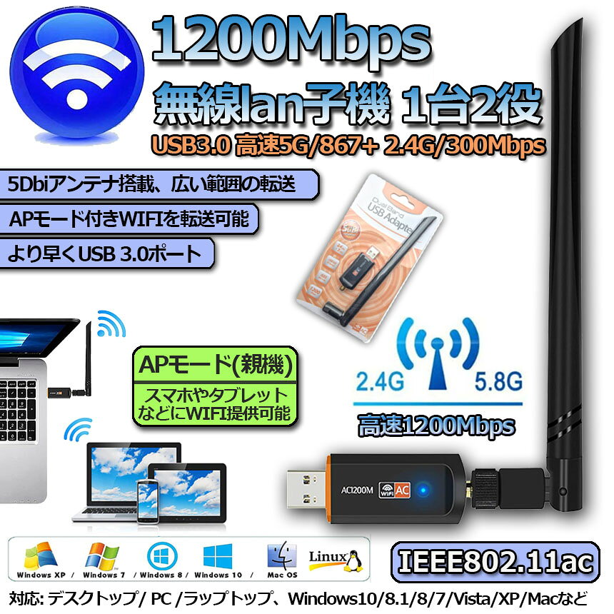 TomicocoのWiFi 無線LAN 子機 1200Mbps 867+300Mbps 2.4G/5Ghz 11ac対応 USB3.0 WiFi 子機 WiFi USB アダプター WiFi Adapter デュアルバンド 5dBi外部ア｜アングル2
