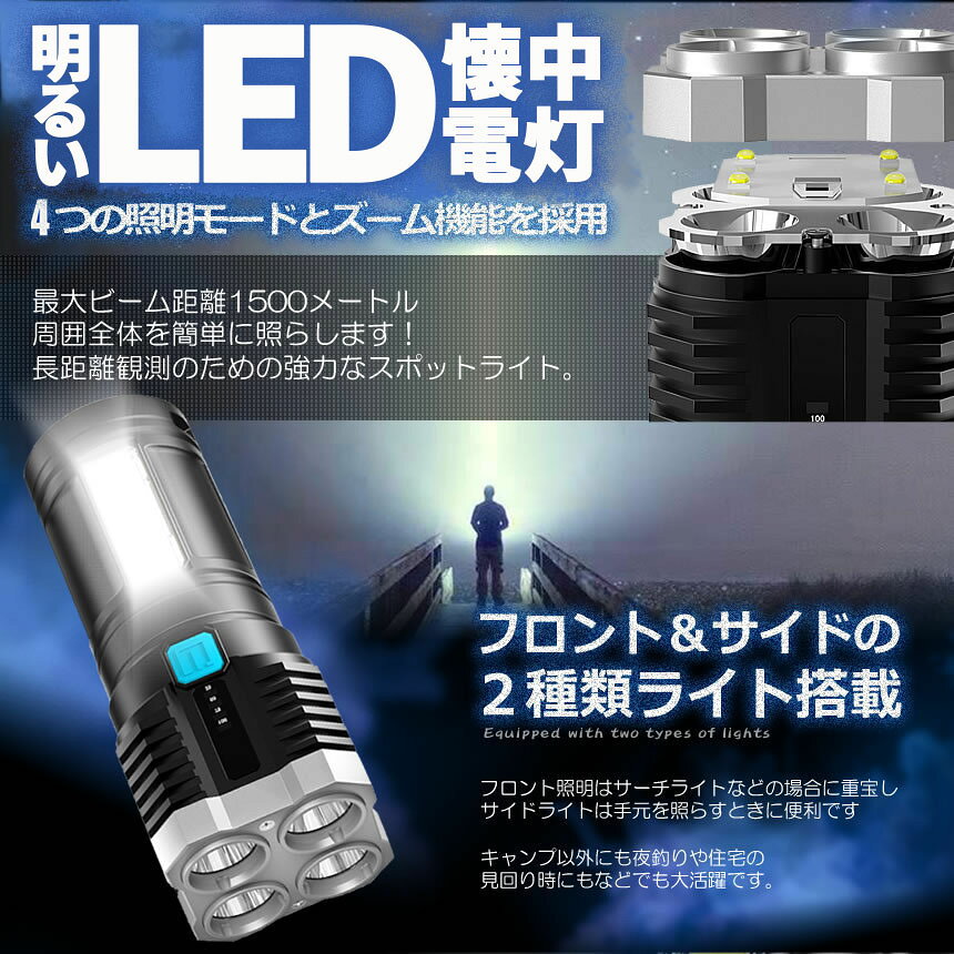 懐中電灯 作業灯 LED 充電式 強力 高輝度 防災 地震 高輝度 ハンディライト COBライト 電力表示 大容量電池 IPX6防水 4モード 停電対策 登山 夜釣り 夜間訓練 作業灯 tomicoco-10001572 Tomicoco サンプル画像3