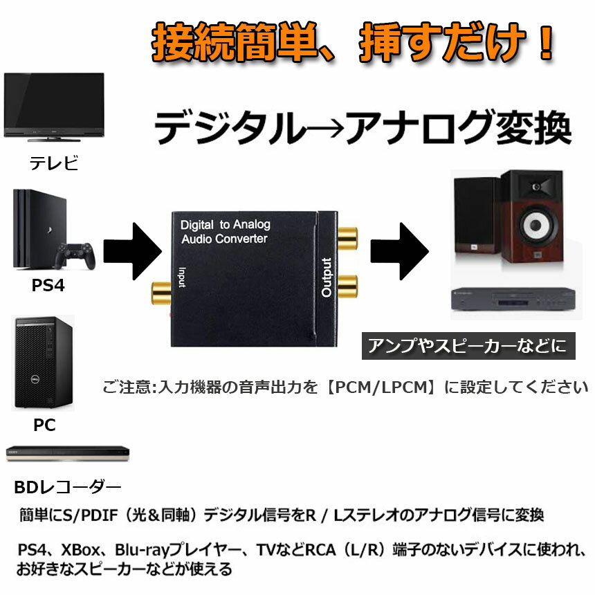 DACデジタル(光＆同軸) から アナログ(RCA) オーディオ変換器 変換コネクター オーディオコンバーター 光デジタル アナログ 変換器 同軸 変換 Digital to Analog Converter 光ケーブル付き