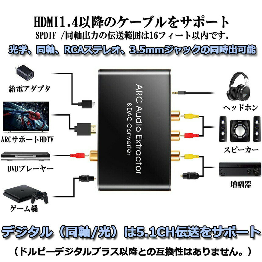 HDMI ARC�����ץ�����DAC����С����� HDMI /Ʊ��/ ������Ʊ��+��+RCA��L / R�˥��ʥ��������ǥ���+3.5mm�����ǥ������� HDMI ARC�����ǥ����������ȥ饯���������ץ��� �ǥ����륪�ץƥ�����ȥ���󥯡�HDTV���ԡ������ۡ��ॷ�������ѡ�