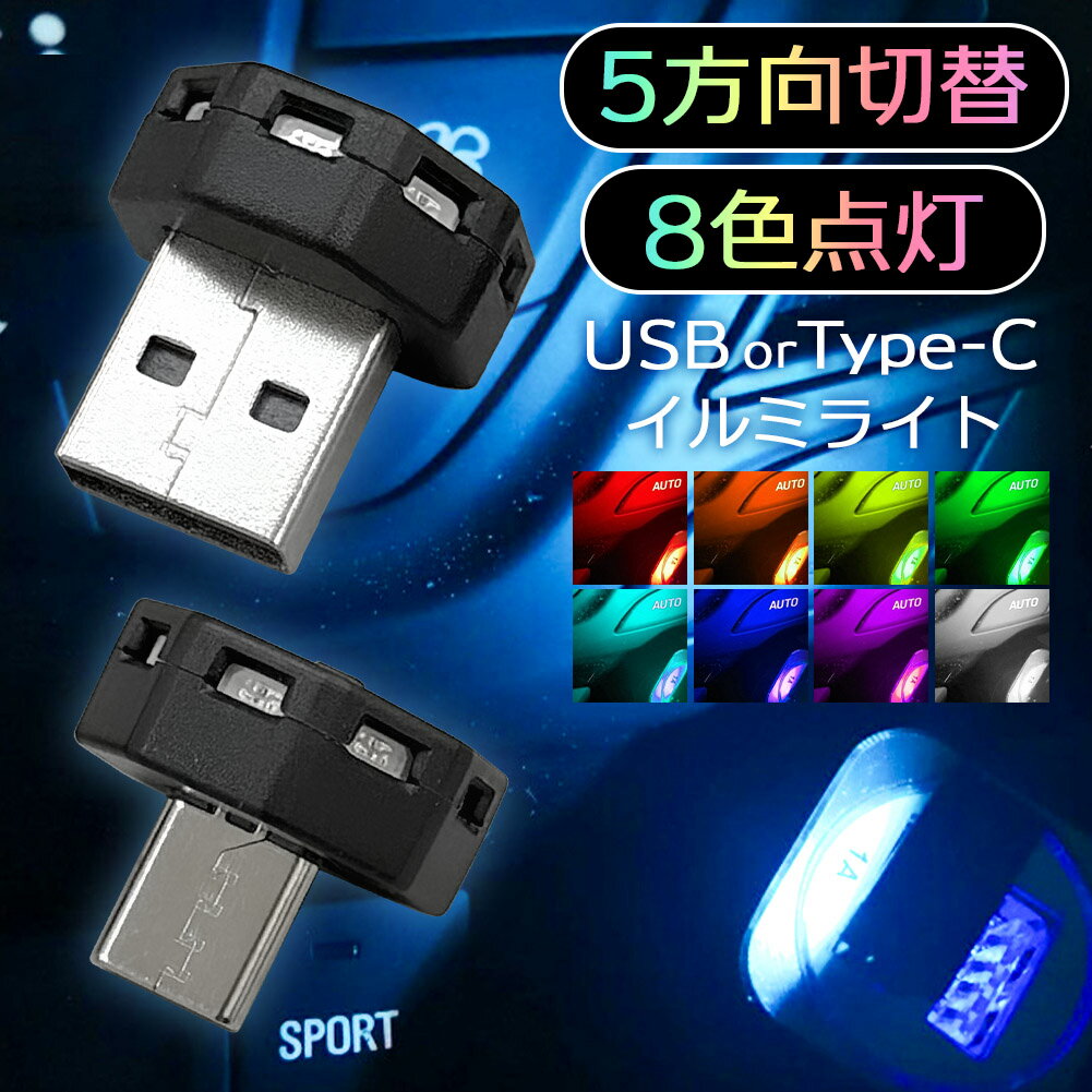 ★期間限定！ポイント5倍★USB タイプC ライト 車 LEDライト ルームランプ ルームライト 照明 USB-A Type-C 車用 車内 イルミネーション フットライト 足元 足下 USBポート 小型 ミニ 小さい コンパクト 明るい