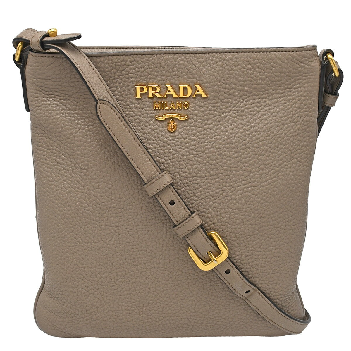 【クーポンで5％OFF！さらにポイントUP！】 プラダ PRADA ショルダーバッグ メタル ロゴ 1BH142 レザー グレー ベージュ ゴールド金具 クロスボディバッグ 斜め掛け 【中古】