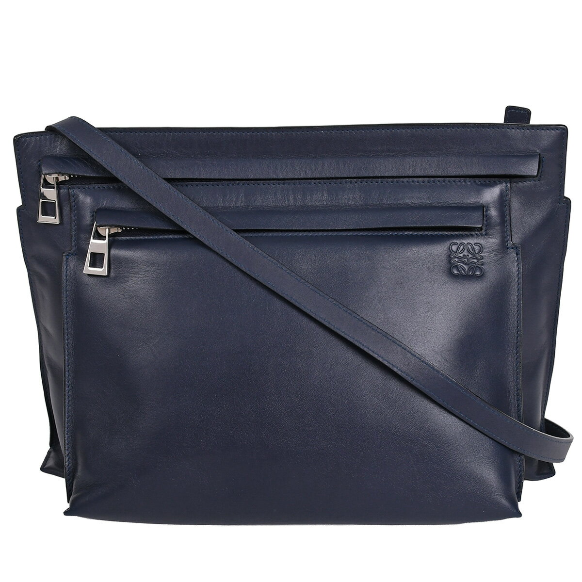 乐天商城 - 【クーポンでお得×さらにポイントUP】 ロエベ LOEWE アナグラム ラージ ダブルポーチ ショルダーバッグ クロスボディバッグ 斜め掛け レザー ネイビー ブルー シルバー金具 109.54 【中古】