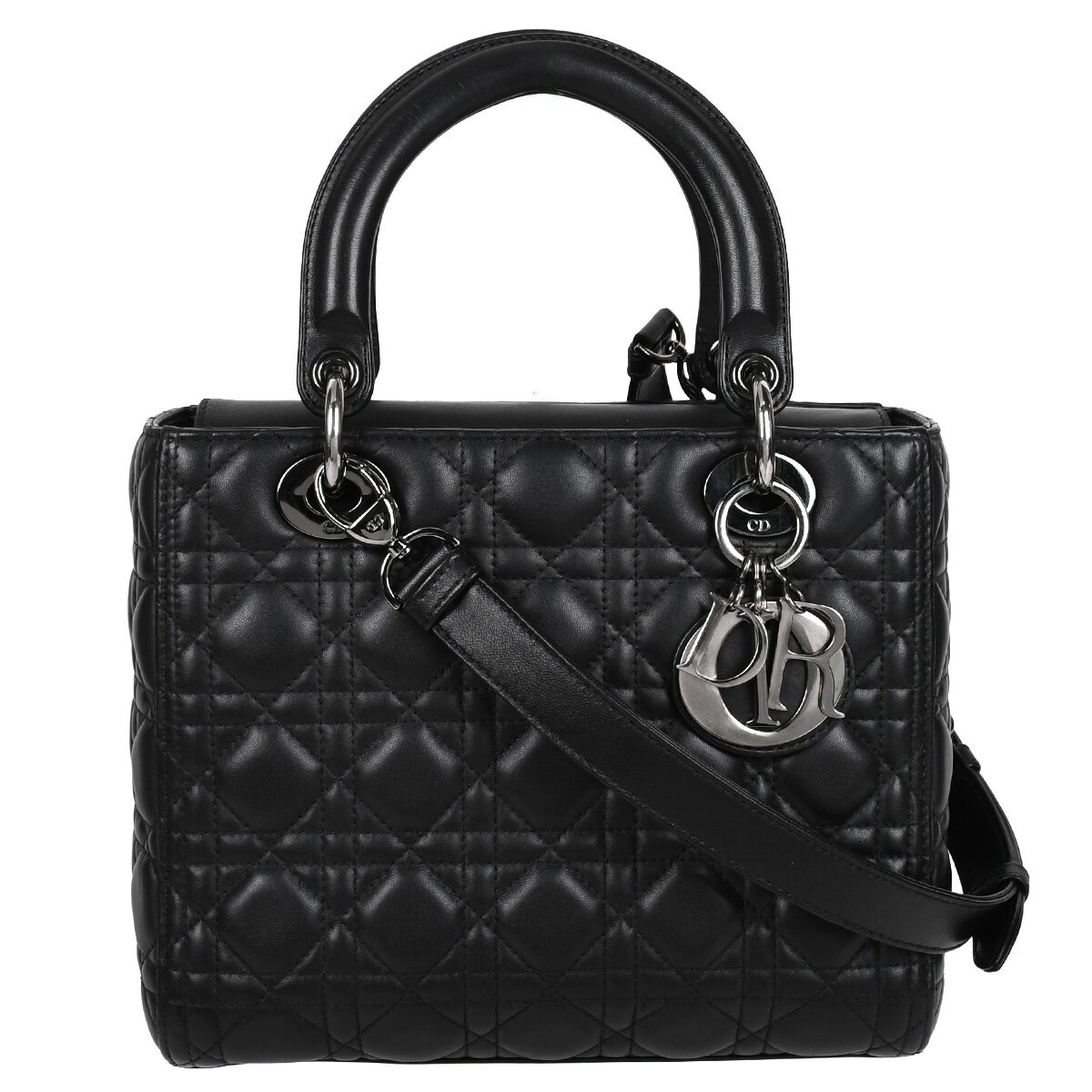 乐天商城 - 【クーポンでお得×さらにポイントUP】 ディオール DIOR LADY DIOR レディディオール ミディアム ハンドバッグ 2way ショルダー カナージュ レディース レザー ブラック 黒 シルバー金具 M0565【中古】