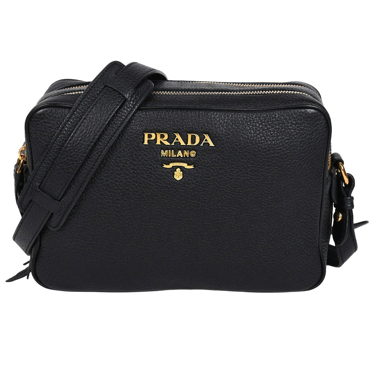 乐天商城 - プラダ PRADA ヴィッテロ ショルダーバッグ メタルロゴ クロスボディバッグ 斜め掛け レザー ブラック 黒 ゴールド金具 1BH079【中古】