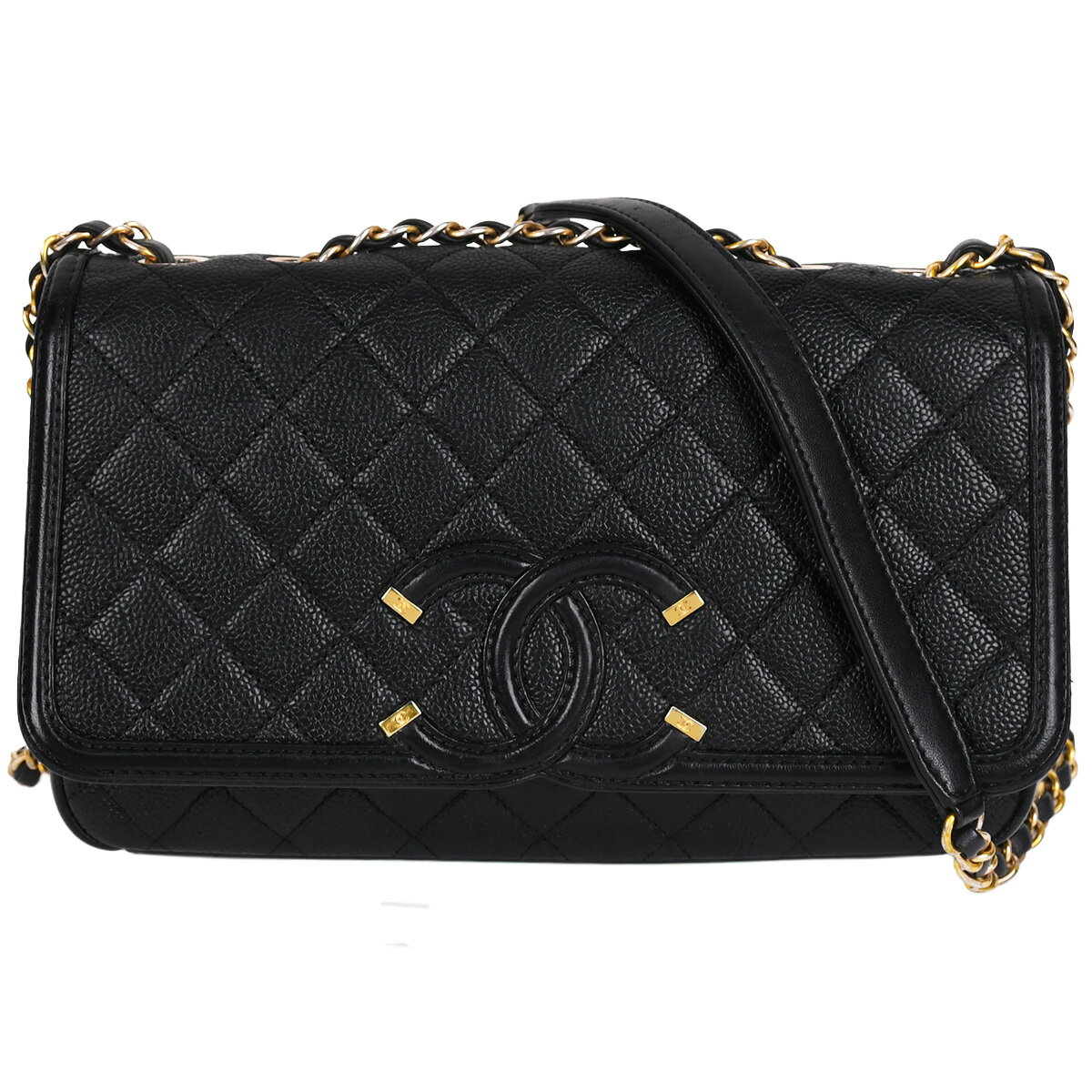乐天商城 - 【クーポンでお得×さらにポイントUP】 シャネル CHANEL CCフィグリー チェーン ショルダーバッグ 斜め掛け 肩掛け レディース キャビアスキン ブラック 黒 A93340【中古】