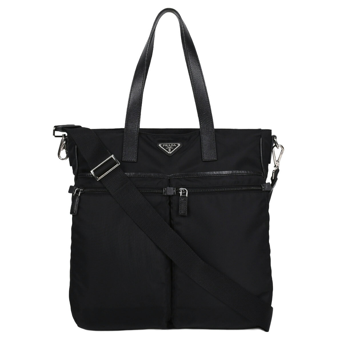 乐天商城 - プラダ PRADA トライアングルロゴ 2way トートバッグ ハンドバッグ ショルダーバッグ ナイロン レザー ネロ ブラック 黒 シルバー金具 VA0860 【中古】