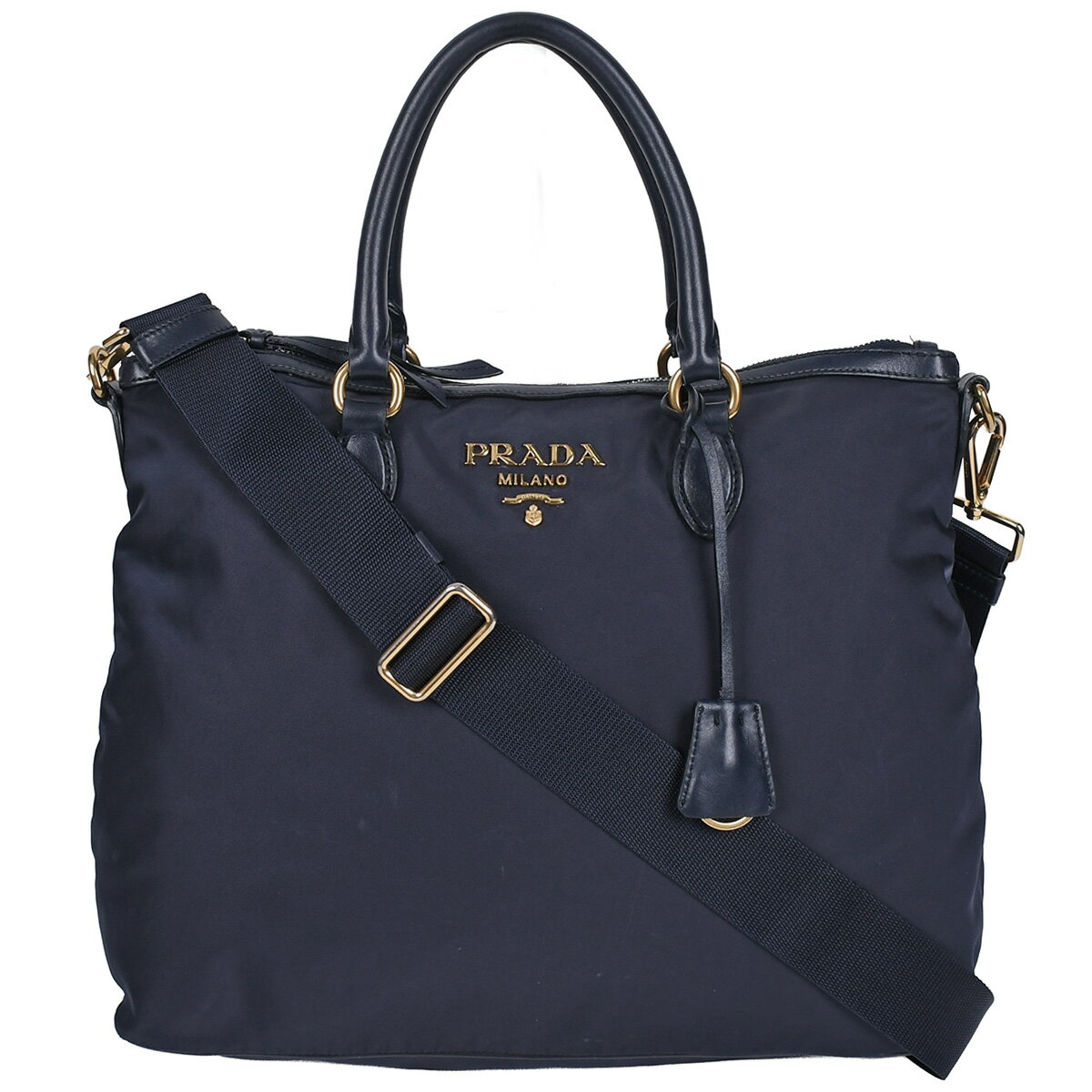 Rakuten - 新入荷 プラダ PRADA メタルロゴ 2way トートバッグ ショルダーバッグ ハンドバッグ ナイロン ネイビー ブルー ゴールド金具 1BC060 【中古】