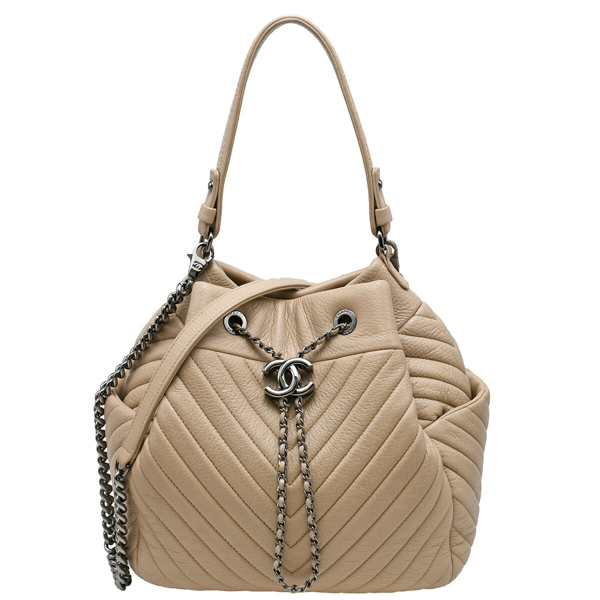 乐天商城 - 【クーポンでお得×さらにポイントUP】 新入荷 シャネル CHANEL シェブロン ドローストリングバッグ 2way ハンドバッグ ショルダーバッグ ココマーク レザー ベージュ シルバー金具 A91273 【中古】