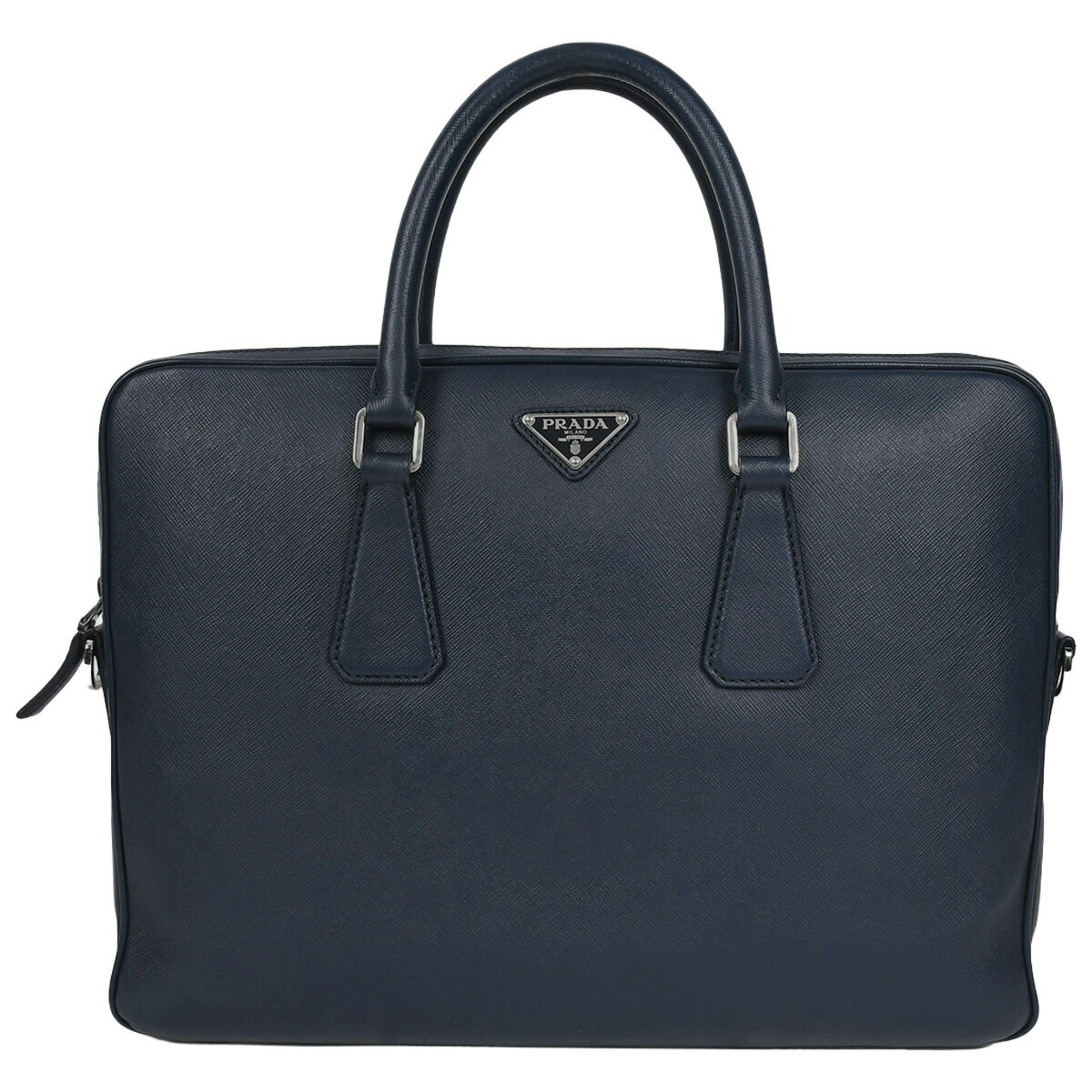 乐天商城 - 新入荷 プラダ PRADA トライアングルロゴ ビジネスバッグ ブリーフケース ハンドバッグ メンズ サフィアーノ レザー ネイビー ブルー シルバー金具 2VE368 【中古】