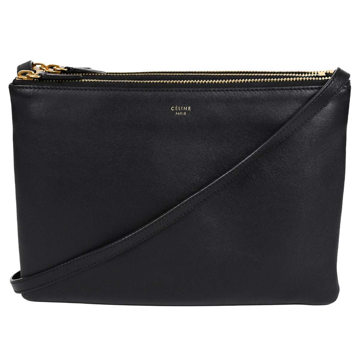 乐天商城 - 【クーポンでお得×さらにポイントUP】 新入荷 セリーヌ CELINE トリオ ポーチ ラージ ショルダーバッグ TRIO ポシェット クロスボディ 斜め掛け レディース レザー ブラック 黒 ゴールド金具 171453 【中古】