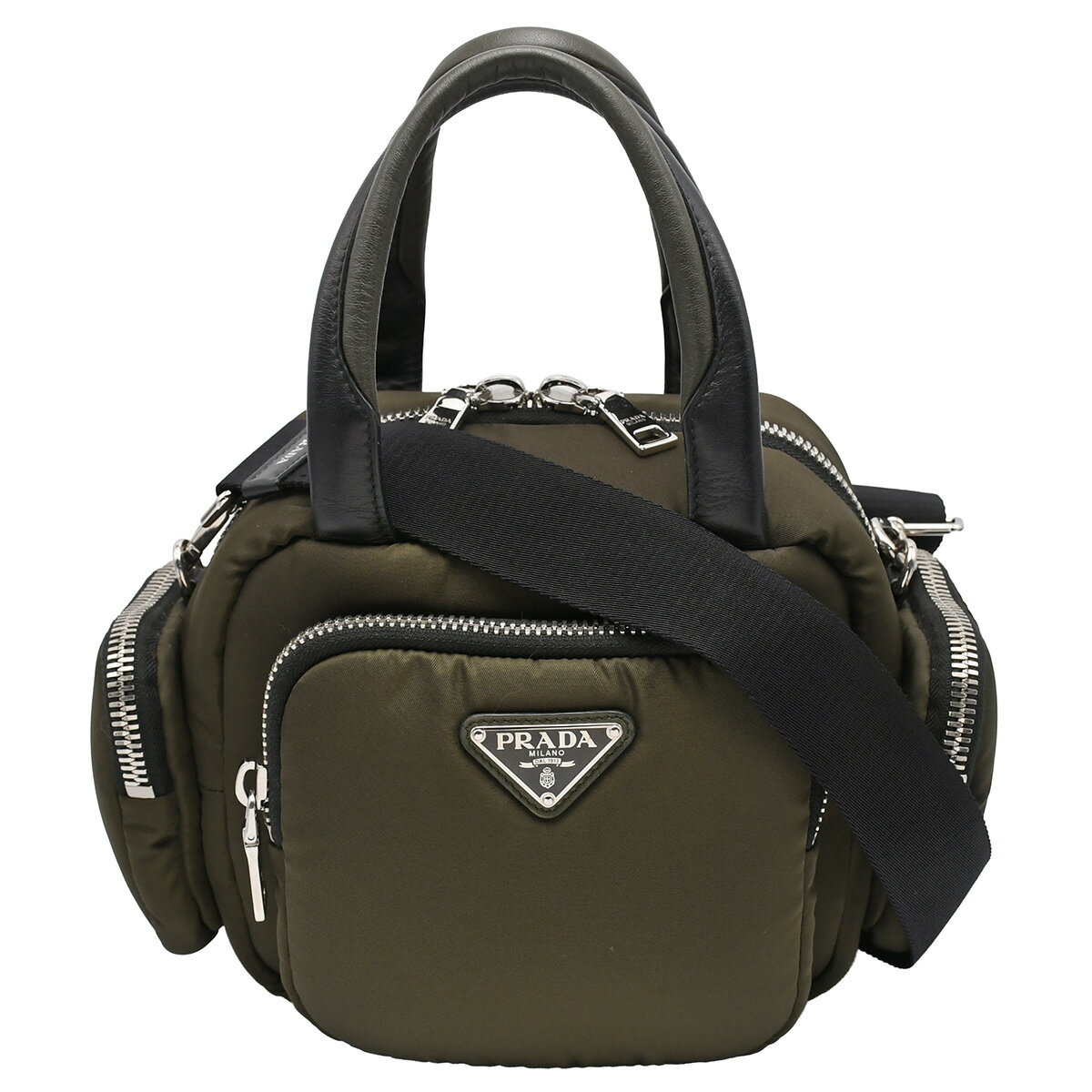 新入荷 プラダ PRADA トライアングルロゴ マルチポケット 2way ハンドバッグ ショルダーバッグ ナイロン レザー カーキ グリーン シルバー金具 1BB061 【中古】