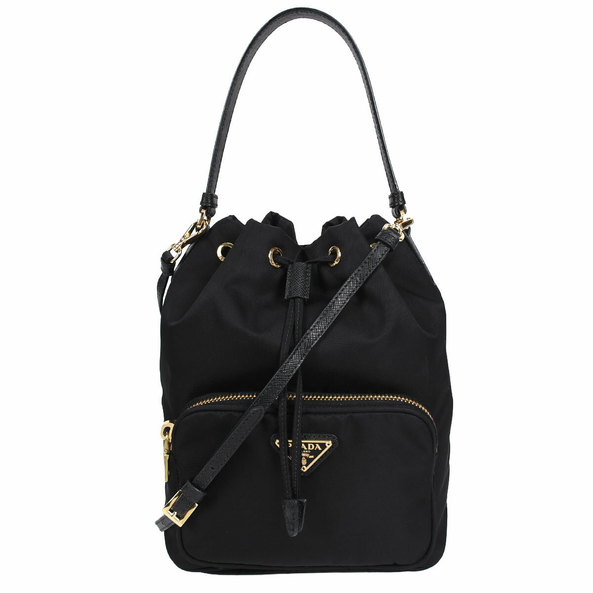 Rakuten - 新入荷 プラダ PRADA デュエット 巾着 バケットバッグ 2way ショルダーバッグ トライアングルロゴ ナイロン レザー ブラック 黒 ゴールド金具 1BH038 【中古】