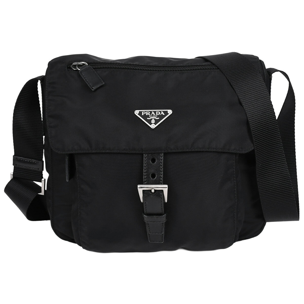 Rakuten - プラダ PRADA トライアングルロゴ ショルダーバッグ クロスボディバッグ メッセンジャー 斜め掛け メンズ レディース ナイロン レザー ブラック 黒 シルバー金具 BT8994【中古】