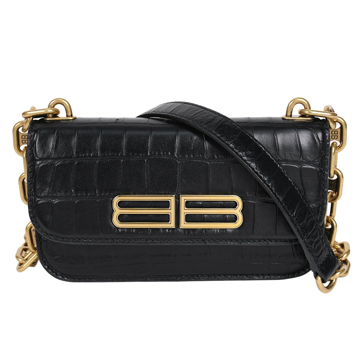 Rakuten - 新入荷 バレンシアガ BALENCIAGA ゴシップ XS チェーン ショルダーバッグ クロスボディバッグ クロコ型押し レザー ブラック 黒 ゴールド金具 679863 【中古】