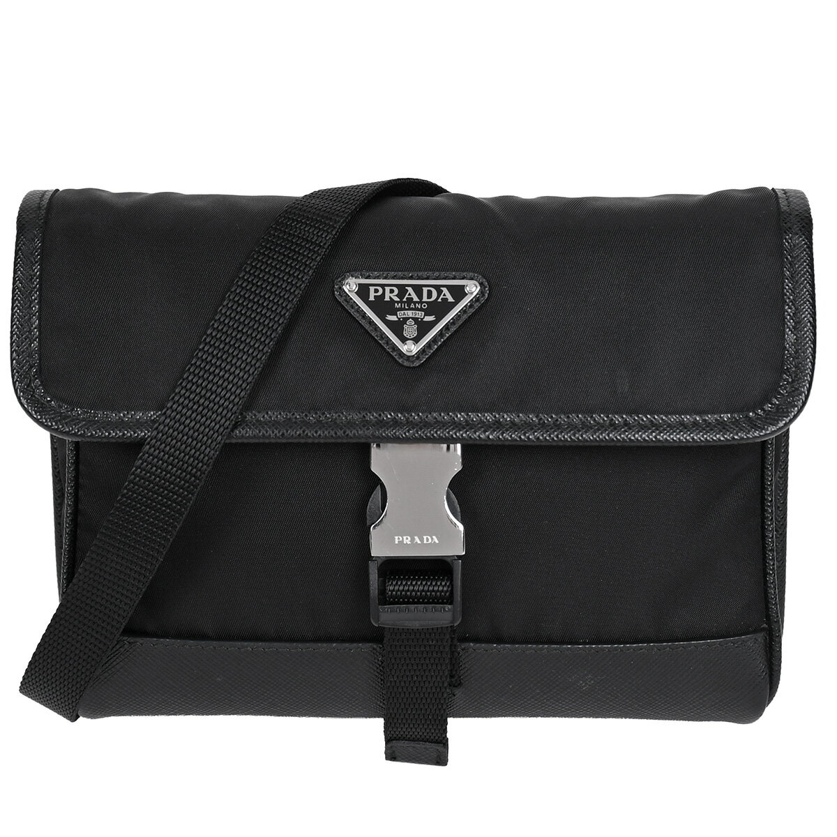 Rakuten - 【クーポンでお得×さらにポイントUP】 新入荷 プラダ PRADA トライアングルロゴ ショルダーバッグ リナイロン サフィアーノ レザー フォンケース ポシェット ブラック 黒 シルバー金具 2ZH108 新品同様 【中古】