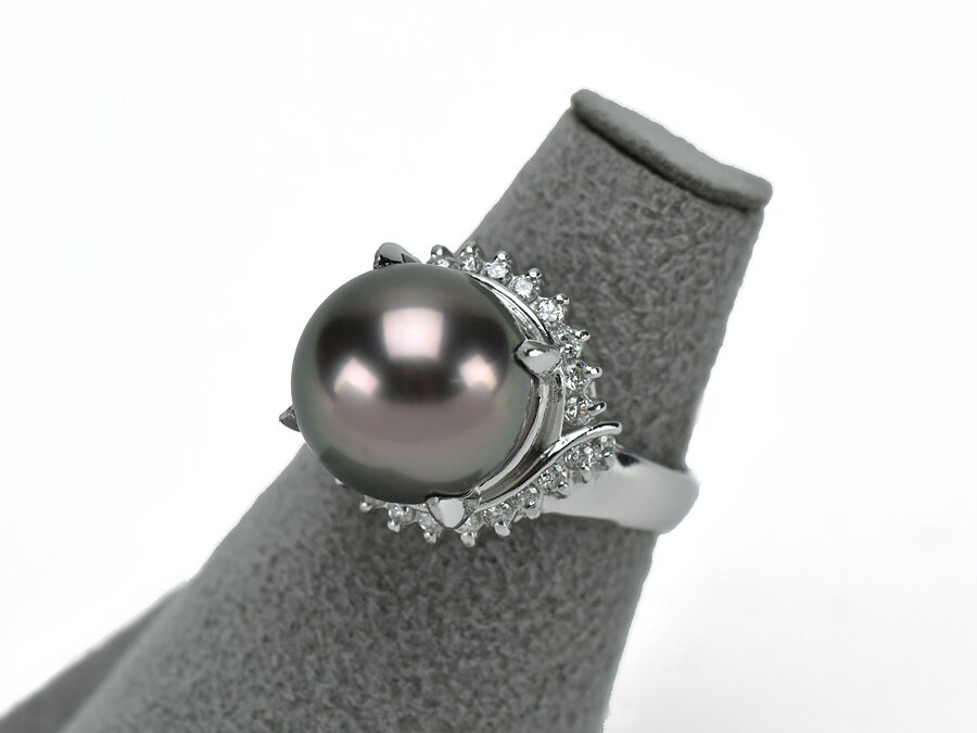 Pt900 ファッションリング ブラックパール 黒蝶真珠 11.8mm ダイヤモンド 0.33ct サイズ11号 プラチナ レディースリング 新同品 【中古】