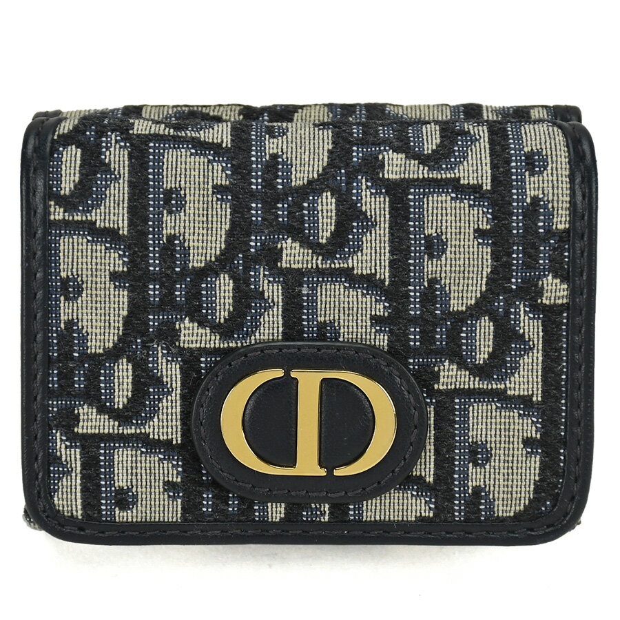 ディオール Christian Dior 三つ折り財布 モンテーニュ オブリーク ジャカード ネイビー ブルー ロゴ コンパクト ミニ財布 レディース メンズ 【新品同様】