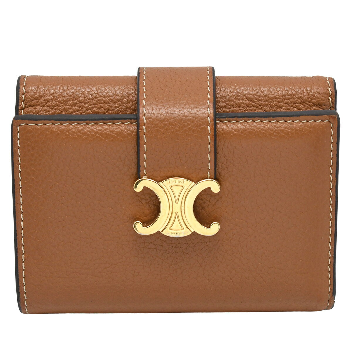 Rakuten - セリーヌ CELINE トリオンフ ファイン ストラップ ウォレット ニノ 三つ折り 財布 コンパクト ウォレット レザー ブラウン ゴールド金具 10M963 【中古】