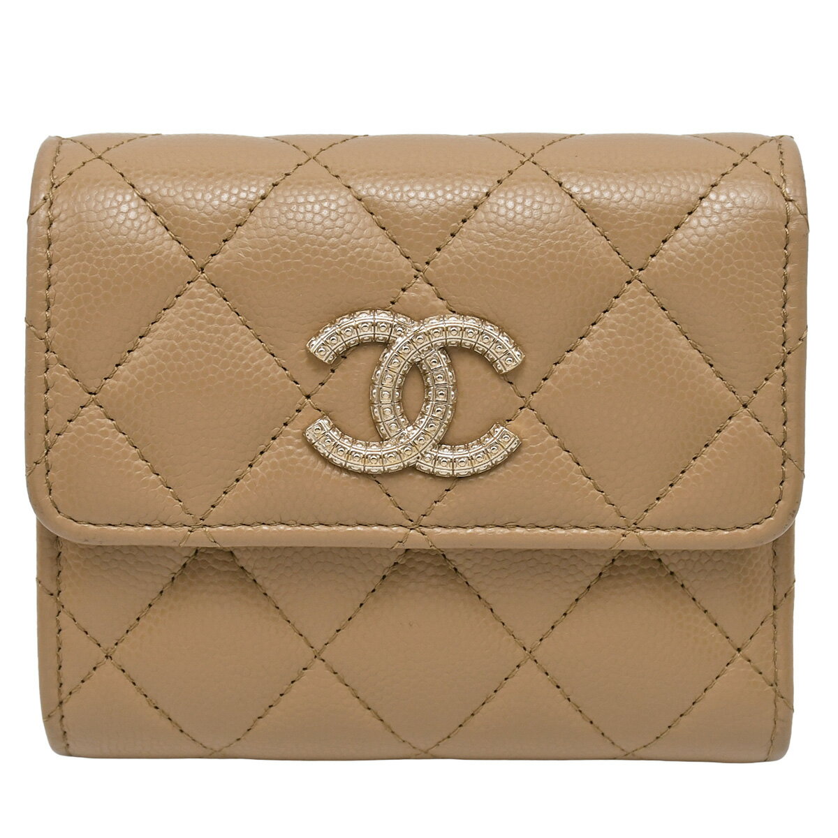 Rakuten - 【セール｜6/11まで今期最安値｜終了後値上げ！】 新入荷 シャネル CHANEL マトラッセ スモール ウォレット 三つ折り 財布 コンパクト ウォレット ココマーク キャビアスキン レザー ベージュ ゴールド金具 【中古】