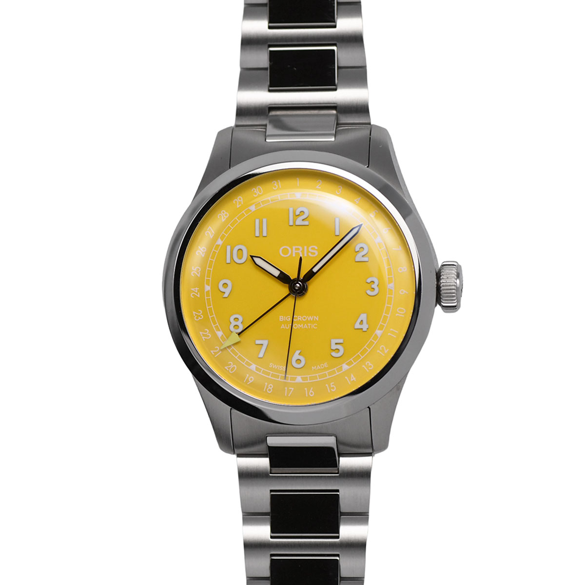 　 商品名 ORIS Big Crown Pointer Date 型番 01 754 7798 4069 素材 ステンレススチール／サファイアガラス ムーブメント 自動巻き　振動数 28800振動　片振り 0.1ms　平均日差 +15秒 防水性能 日常生活防水 文字盤色 イエロー 仕様 ポインターデイト表示　シースルーバック　ねじ込み式リューズ サイズ ケース直径：約40mm（リューズ含まず）／腕周り長さ（最長）：約19cm 参考定価 ￥396000 付属品 純正ボックス　クロス　保証書 ランク 本体 A　ブレス A 商品状態 通常使用による僅かな擦れ、小キズ、打痕はありますが、全体的に光沢も感じられ、コンディションは概ね良好です。 バイヤー　コメント 1938年に誕生した伝統あるパイロットウォッチ『ビッグクラウン』。パイロットがグローブをつけたまま操作可能な大きなりゅうずを装備しています。クラシックモダンなデザインにイエローダイヤルが映える逸品です。 管理タグ ＃-240001031718 ご注意！ 出来るだけ現物に近づけて撮影、編集しておりますが、ご使用のスマホ・タブレット・PCの仕様により質感や色が異なって見える場合があります。 ランク 商品ランクの説明 N 一度も使用されてない完全新品 S 展示や経年により僅かに落ち度がある未使用品 SA 若干の使用感はあるが新品に近い状態の中古品 A 多少キズはあるが程度の良い中古品 AB 中小のキズや汚れが見受けられる中古品 B 中小のキズや汚れが多く見受けられる中古品 C キズが多く難ありの中古品　