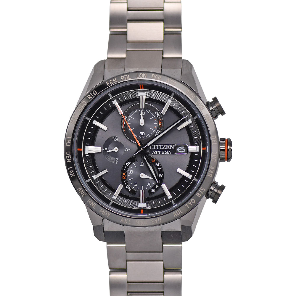 【クーポンでお得×さらにポイントUP】 新入荷 CITIZEN シチズン ATTESA アテッサ アクトライン メンズ 光発電エコドライブ電波時計 チタン製 ブラック 黒文字盤 AT8189-61E 新品同様 【中古】