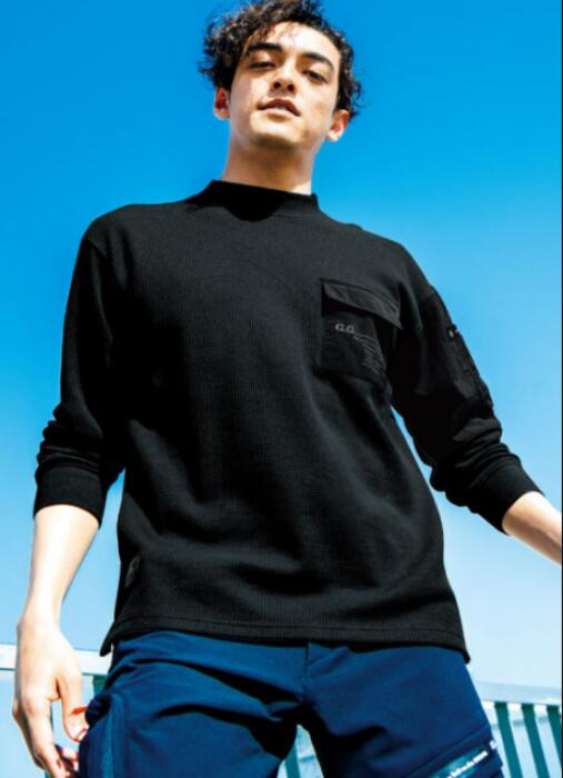 G.G.桑和 モックネックワッフルTシャツ 長袖Tシャツ ブラック/グレー/アーミー 4L 大きいサイズ