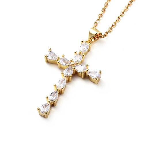 Rakuten - キュービックジルコニア クロスペンダントネックレス ステンレスチェーン45+5cm キュービックジルコニア CZ クロス 十字架 ゴールド