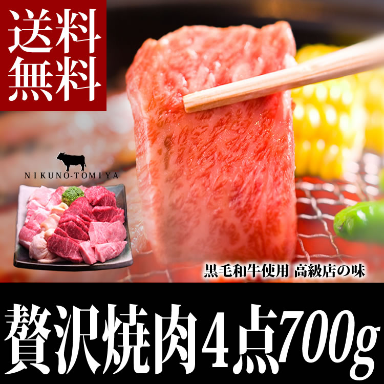 【敬老の日 ギフト】焼肉セット700g 送料無料 黒毛和牛肉 国産 カルビ ロース使用 焼き肉セットバーベキューセットとして利用可能 内容は黒毛和牛カルビ 黒毛和牛ロース 鹿児島豚カルビ 鶏ももです。 2017 内祝 誕生日祝 快気祝