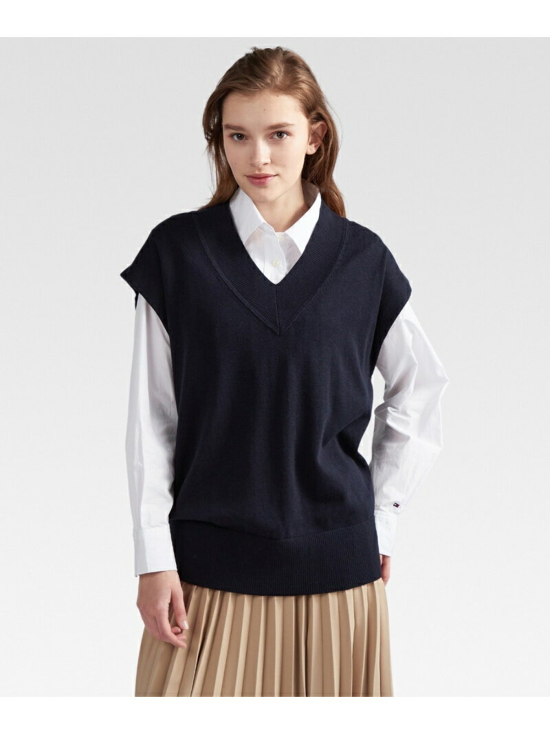 (W)TOMMY HILFIGER(トミーヒルフィガー) リラックスVネックニット TOMMY HILFIGER トミーヒルフィガー トップス ベスト・ジレ ネイビー ベージュ