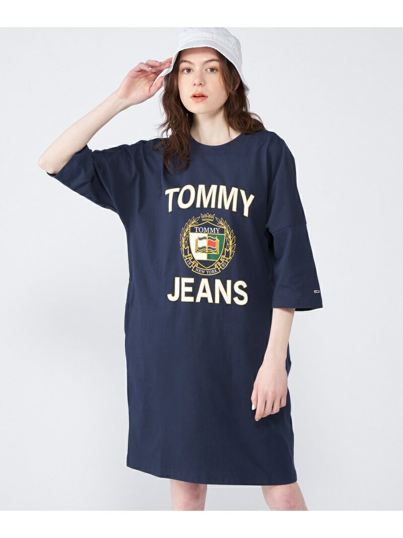 【SALE／50%OFF】(W)TOMMY HILFIGER(トミーヒルフィガー) オーバーサイズリュクスTシャツワンピース TOMMY JEANS トミーヒルフィガー ワンピース・ドレス ワンピース ネイビー ホワイト【RBA_E】【送料無料】[Rakuten Fashion]