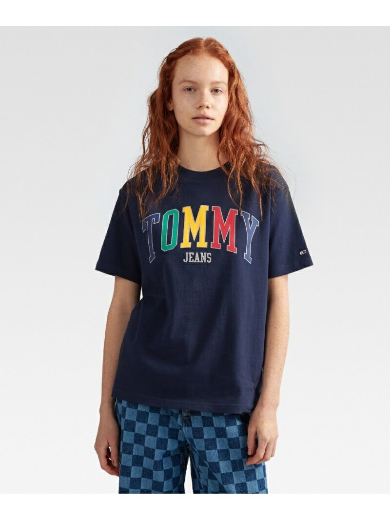 【SALE／50%OFF】(W)TOMMY HILFIGER(トミーヒルフィガー) リラックスポップロゴTシャツ TOMMY JEANS トミーヒルフィガー トップス カットソー・Tシャツ ネイビー ホワイト【RBA_E】[Rakuten Fashion]