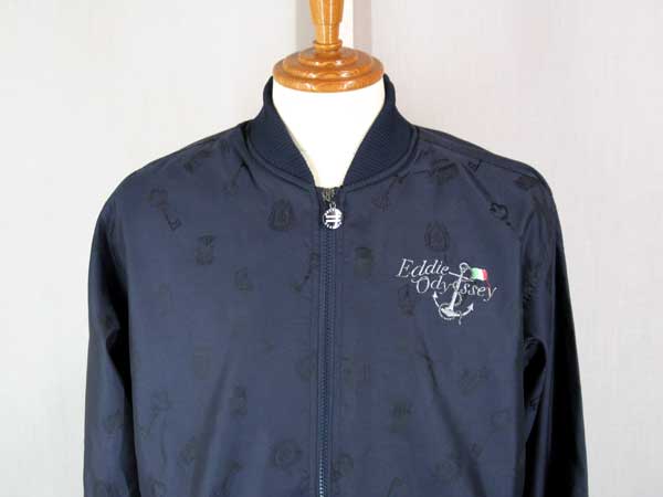秋冬 オデッセイ ブルゾン/MA1 薄手/ポリエステル ロゴ イカリ刺繍プリント総柄 紺【L】【LL】