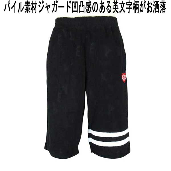 夏 パジェロ ショートパンツ 綿/パイル ジャガード英文字柄 黒【L】【LL】