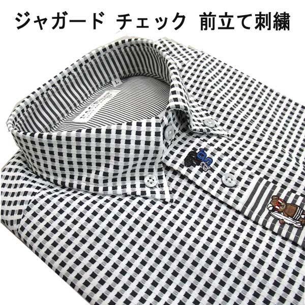 Rakuten - NEW夏 パジェロ 半袖 ボタンダウンシャツ ポリエステル 前立て 胸キャラクター刺繍チェック柄 白×黒【L】【LL】