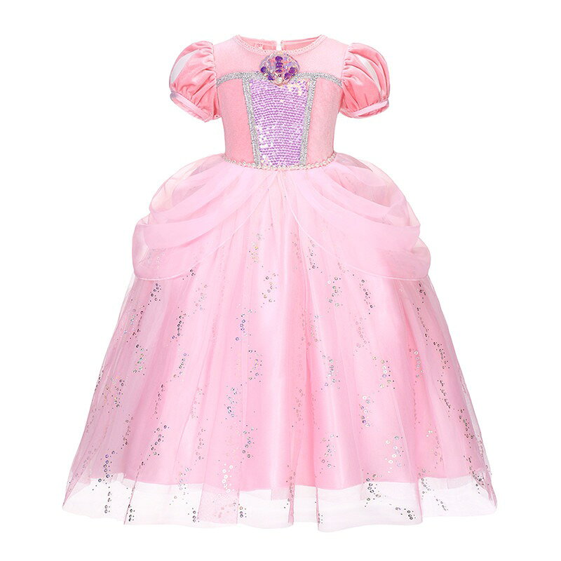 マーメイド・アリエルをイメージした可愛いピンクの子供用プリンセスドレスです。 パフスリーブ、きらきらとしたラメチュールスカートが華やかで、お子様のお姫様願いを叶えます。 誕生日パーティー、発表会、ハロウィン、記念撮影、コスプレなど様々なシーンにぴったりです。 【商品特徴】 ・アリエルをイメージしたピンクカラーのプリンセスドレス ・パフ半袖デザイン、ラメ入りチュールスカートでボリューム感抜群 ・胸元にキラキラ装飾付き、高見えするデザイン ・後ろファスナー仕様で着脱が簡単 ・写真映えが良く、各種イベントに大活躍 【サイズについて】 対応サイズ：100/110/120/130/140cm ※海外製品のためサイズ表を必ずご確認ください。 ※お子様の実寸より少しゆとりを持ったサイズ選びを推奨します。 【ご注意】 ※撮影環境により画像と実物の色味が若干異なる場合がございます。 ※ラメ素材のため、着用時に少量ラメが落ちることがあります。 ※洗濯は手洗い推奨。乾燥機は使用しないでください。マーメイドアリエルをイメージした可愛いピンクの子供用プリンセスドレスです。 パフスリーブデザインに、きらきらラメ入りチュールスカートが華やかで、お子様のお姫様の夢を叶えます。 誕生日パーティー、発表会、ハロウィン、記念撮影、コスプレなど様々なシーンで活躍します。