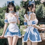 ハロウィン コスプレ メイド服 ミニスカート ブラトップ 上下セット 水色 バックオープン セクシー コスチューム エプロン コスプレ衣装 ゴスロリ ロリータ ドレス マンガ喫茶 ハロウィン メイド コスプレ 女の子レディース 制服コスプレ こすぷれ ワンピース ウェイトレス