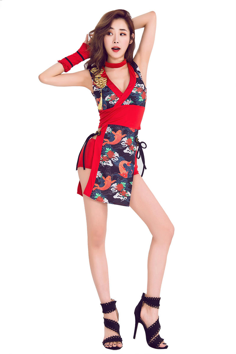 【赤×紺色/4】あす楽 金魚柄 忍者服 クノイチ ハロウィン コスプレ コスチューム ダンス コス 衣装 変装 tomo-shop-10002719 TOMOSHOP サンプル画像2