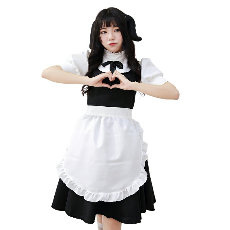 あす楽 エプロン付き メイド服 コスプレ 衣装 コスチューム ワンピース 【黒×白/5】