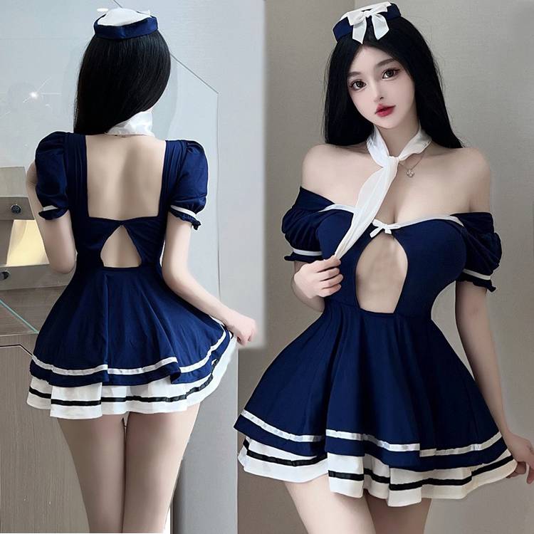 セクシー 海軍服 セーラー服 コスプレ衣装 ミニハット付き 半袖 胸元オープン 学生服 スカーフ セクシー コスチューム 紺色 ワンピース..